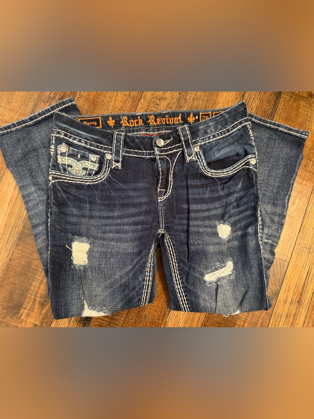 Rock Revival Dark Blue Distressed Capri Cropped Women's Jeans